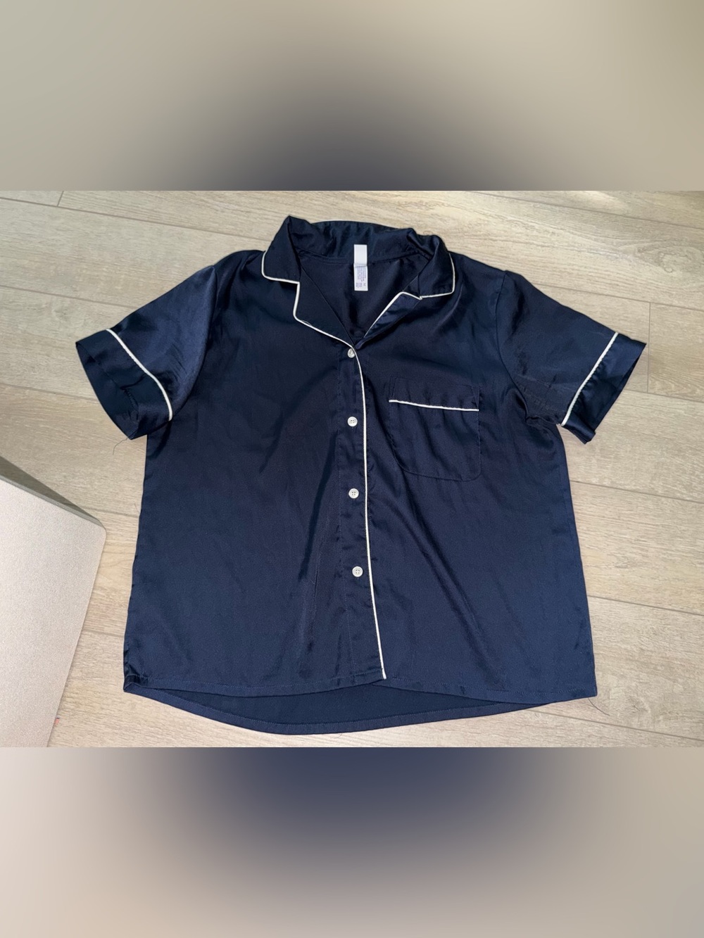 stars above Navy Short-Sleeve Satin Pajamas Top with White Piping and bottoms